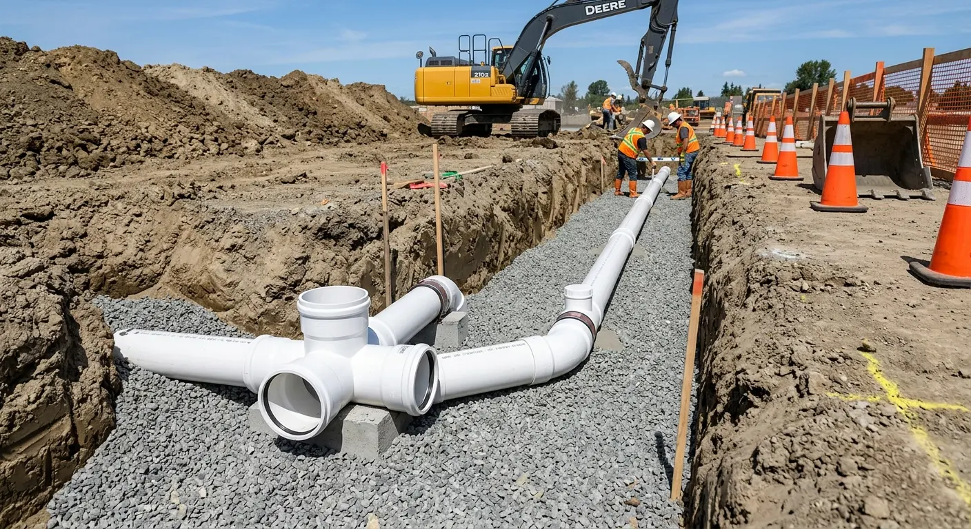 New PVC sewer pipe installation in open trench for Sewer Backup in Orange