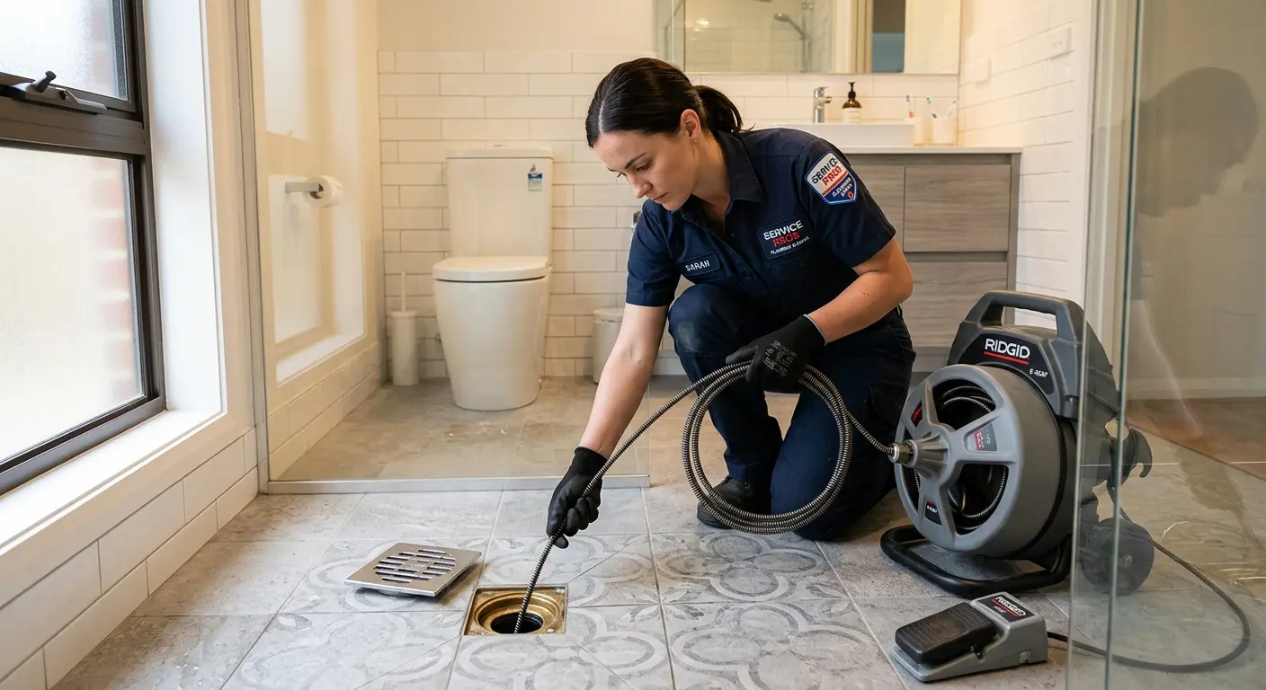 Technician clearing a bathroom floor drain for Sewer Line Replacement in Orange